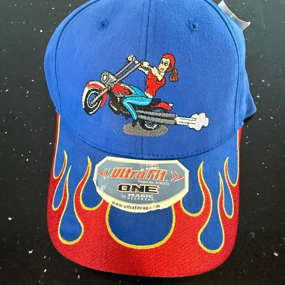 Blue and Red Motorcycle Graphic Cap